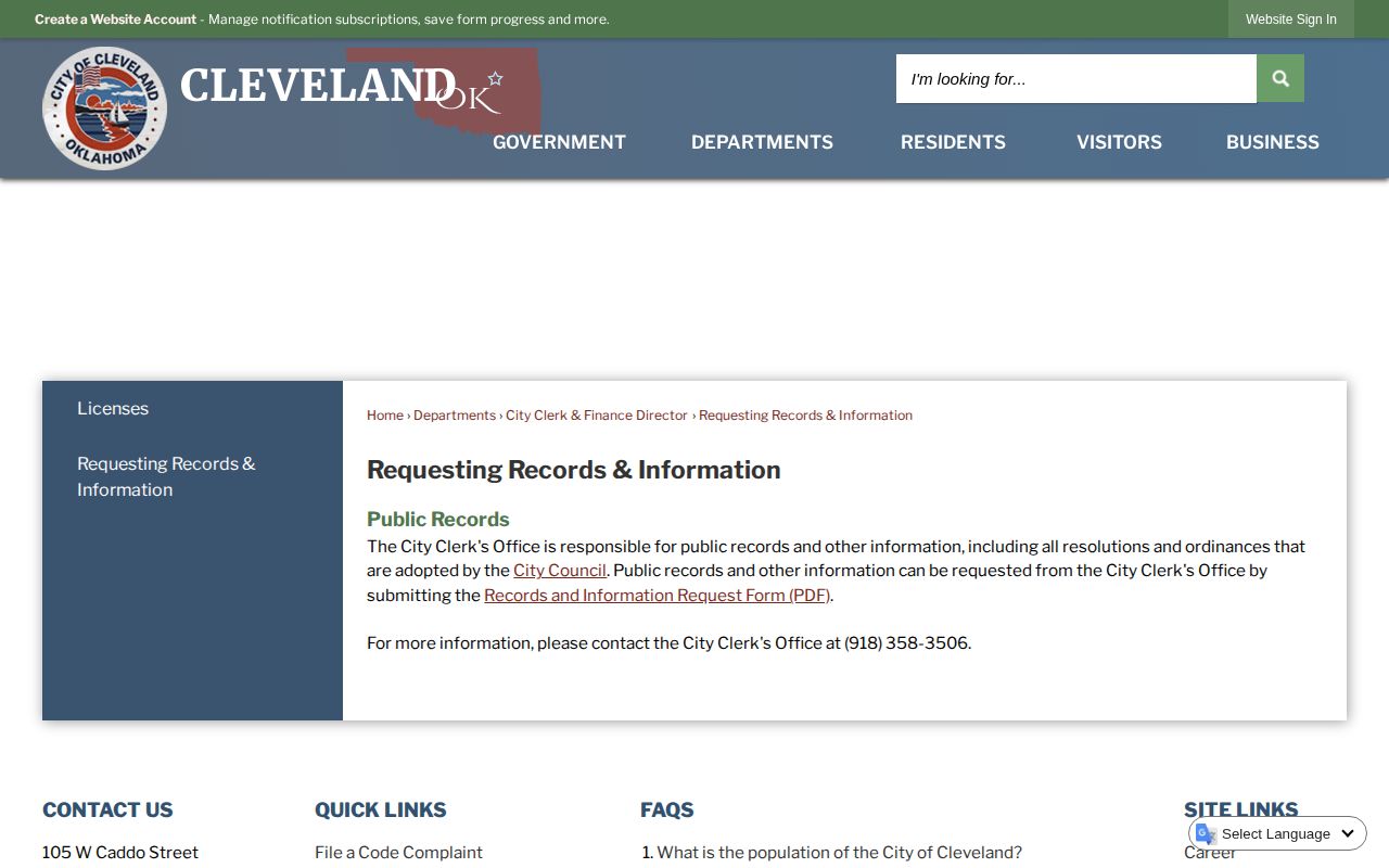 Cleveland city records-request information for Pawnee County arrest records