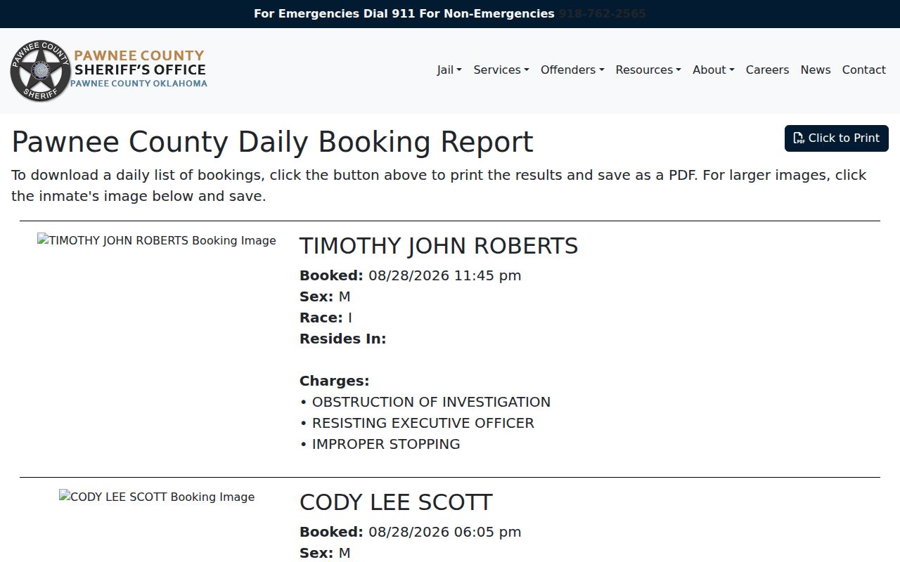 Pawnee County 24-hour booking report for recent booking records