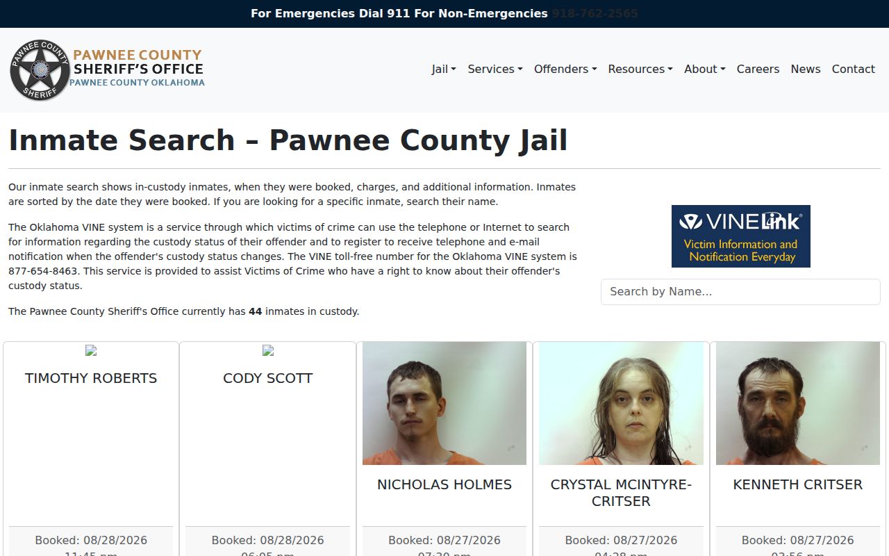 Pawnee County in-custody booking roster and official inmate search