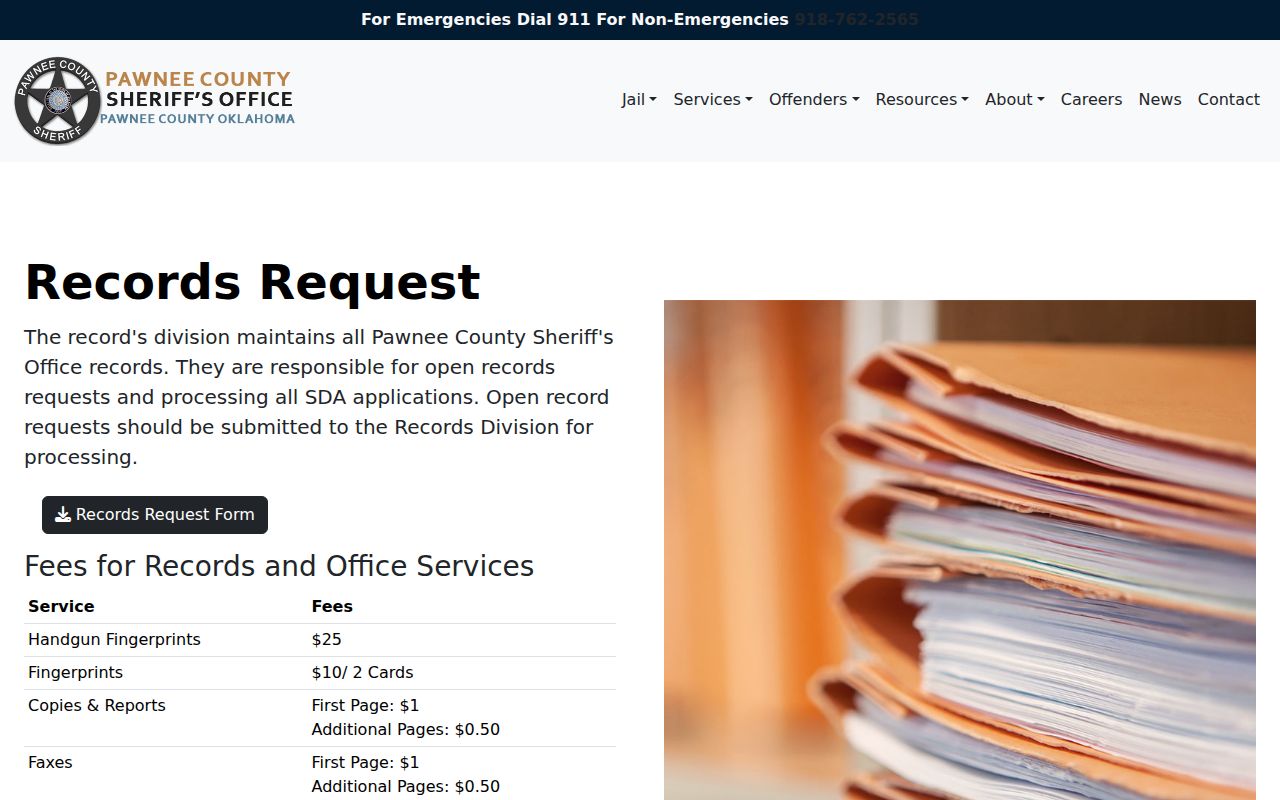 Pawnee County booking record request information at the Sheriff's Records Division