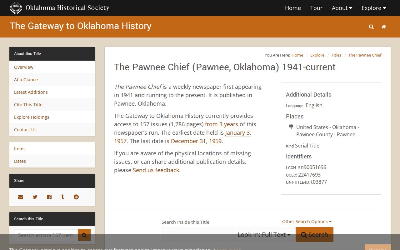 Pawnee County crime news source at the Pawnee Chief historical archive