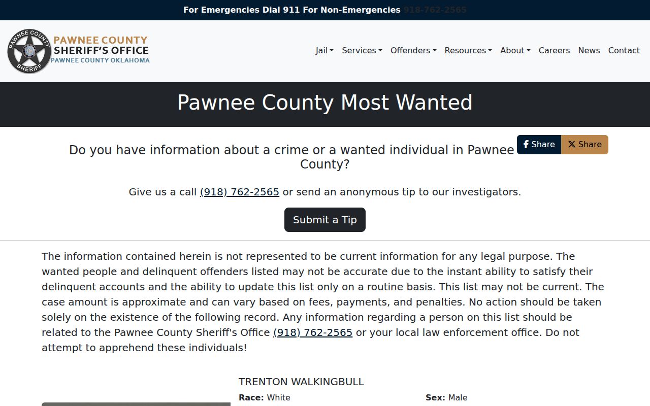 Pawnee County Sheriff's official most wanted fugitives page